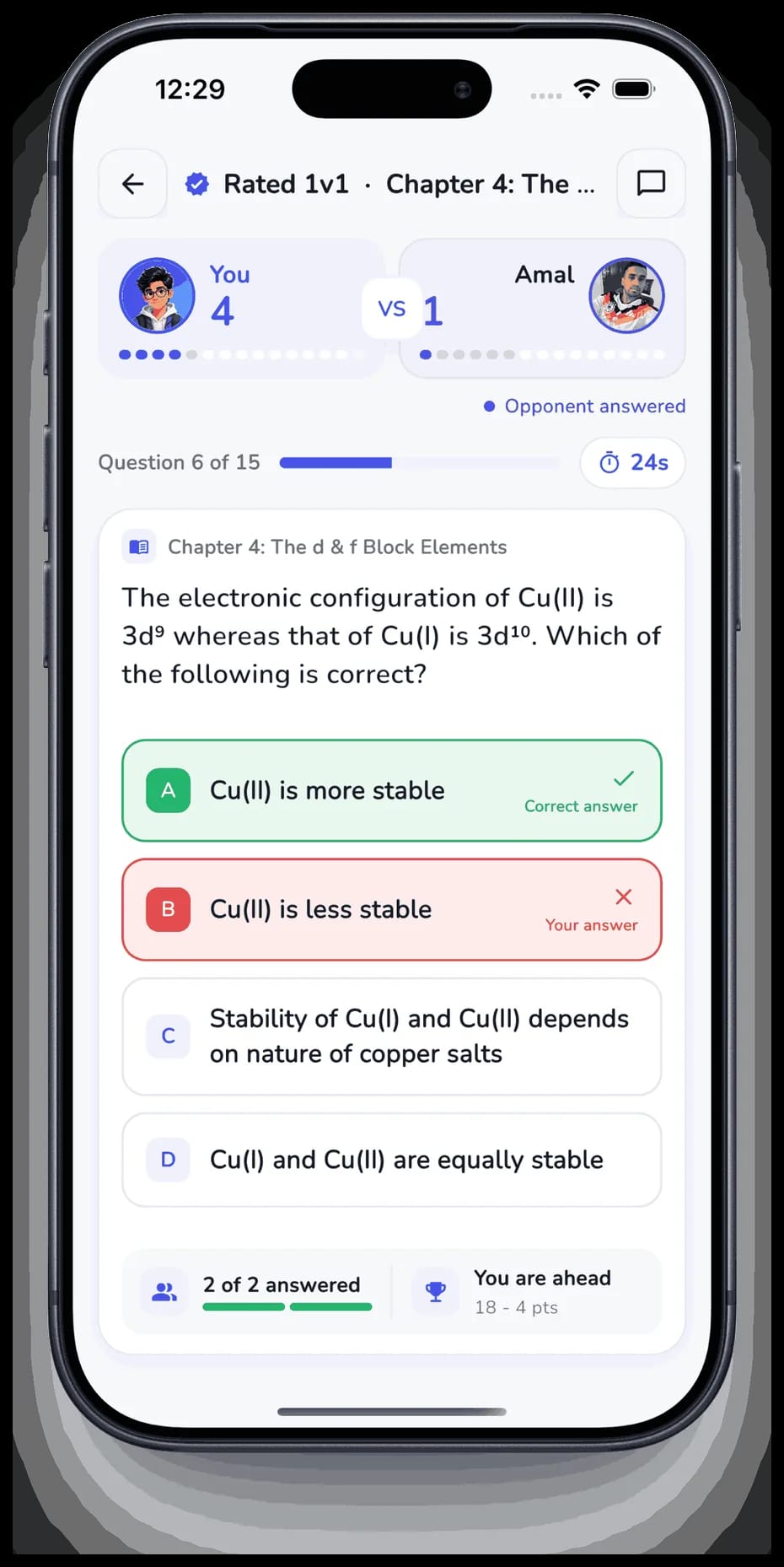 A rated 1v1 battle in ExQuizMe: two players head to head on a Chemistry question with a countdown timer and live scoreline