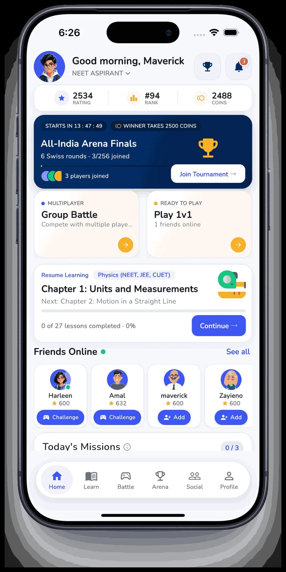 ExQuizMe home screen showing the player rating, an All-India Arena tournament, Group Battle and 1v1 cards, and friends online