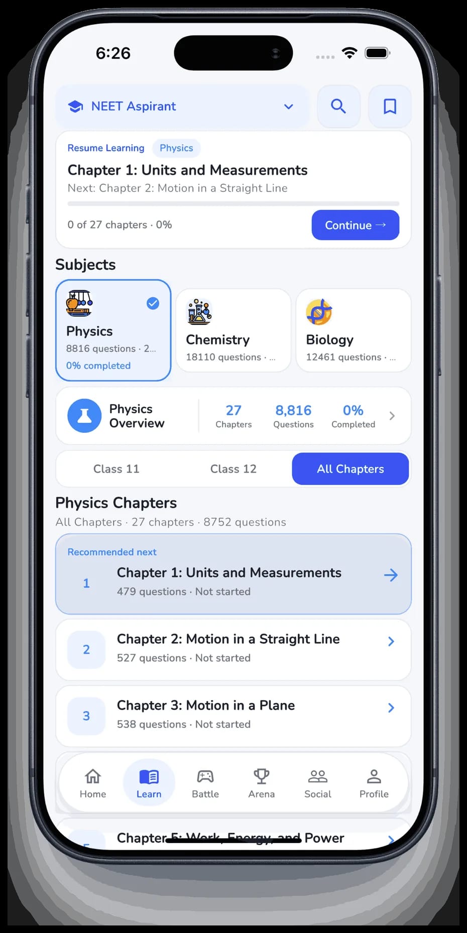ExQuizMe Learn screen listing Physics, Chemistry and Biology with live question counts and a chapter-by-chapter syllabus