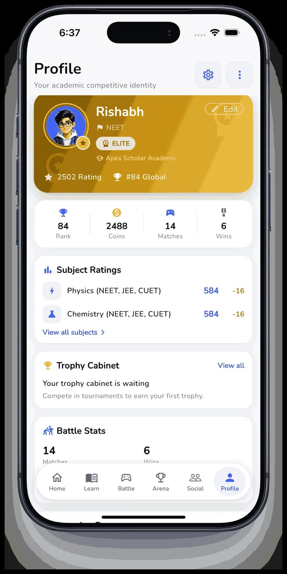 ExQuizMe profile showing an Elite rank card, global rank, coins, match record and per-subject ratings