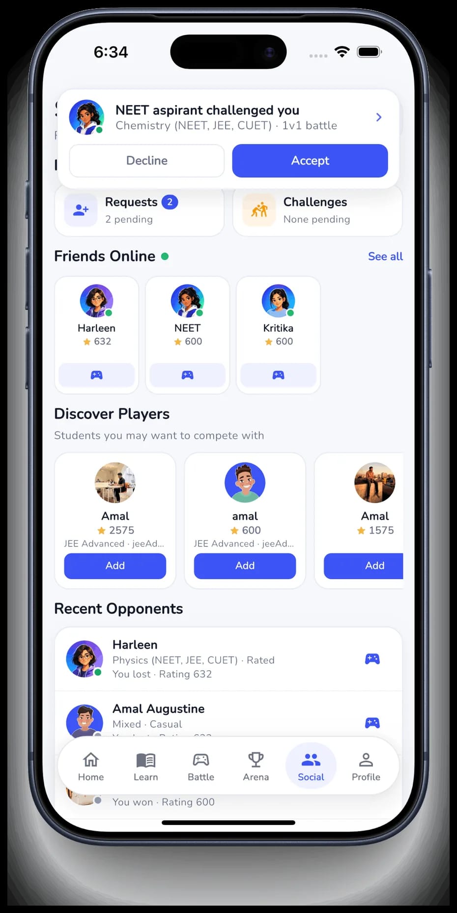 ExQuizMe Social screen with an incoming 1v1 challenge, friends online and suggested opponents