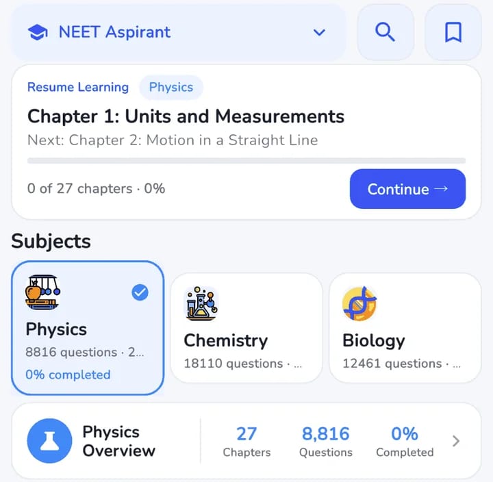 The ExQuizMe Learn screen: resume-learning card, Physics, Chemistry and Biology with their question counts, and the Physics overview